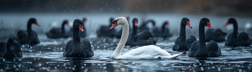 Fototapeta premium White swan among black swans in pond, soft focus, natural lighting, contrast theme