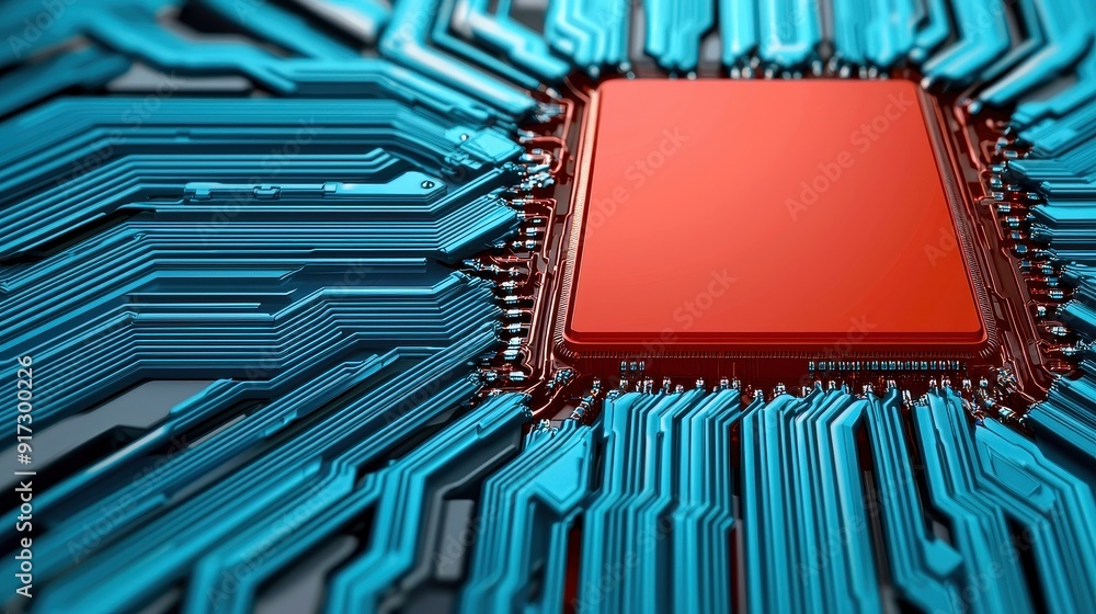 Poster close-up view of a modern microchip with intricate blue circuit paths, showcasing technology and inn