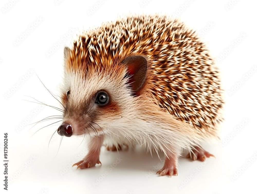 Poster a close-up view of a hedgehog standing on a white surface showcasing its distinctive quills and curi
