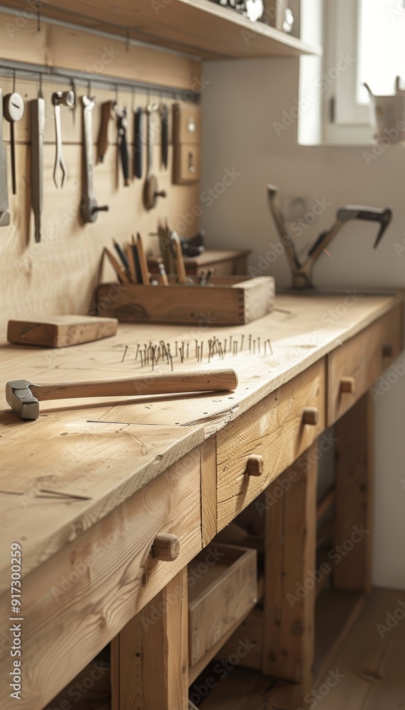 Poster minimalist workbench with tools and nails for a diy project