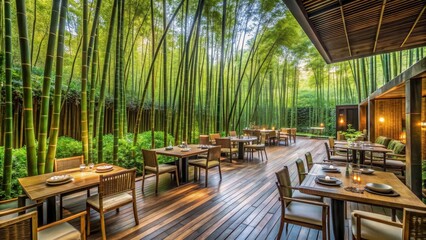 Fototapeta premium A tranquil restaurant nestled within a lush bamboo forest, Bamboo, Forest, Restaurant, Dining, Nature, Tranquil, Serene, Outdoor