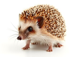 Obraz premium A close-up view of a hedgehog standing on a white surface showcasing its distinctive quills and curious expression