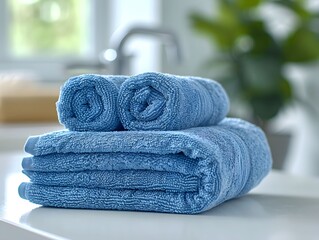 Soft blue towels neatly stacked on a bathroom countertop with green foliage in the background