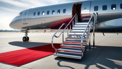 Vip luxury red carpet on stairs to private jet airplane. Airplane on airport red carpet stairs.