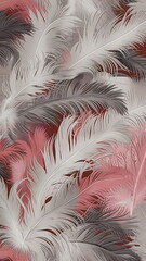a close up of a white and pink wallpaper with a pattern of feathers in shades of grey, pink, and white.