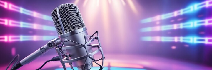 empty recording studio with copy space. Performance and show in the music business equipment. Modern Empty Podcast Studio Room.