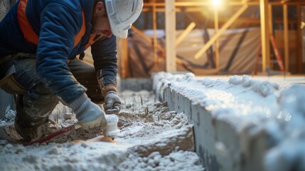 Construction Worker Applying Liquid Foam Insulation for Building Foundation in Well-Lit Environment