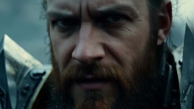 The intense gaze of a dwarven berserker ready for battle with his heavy armor and shard weapon.