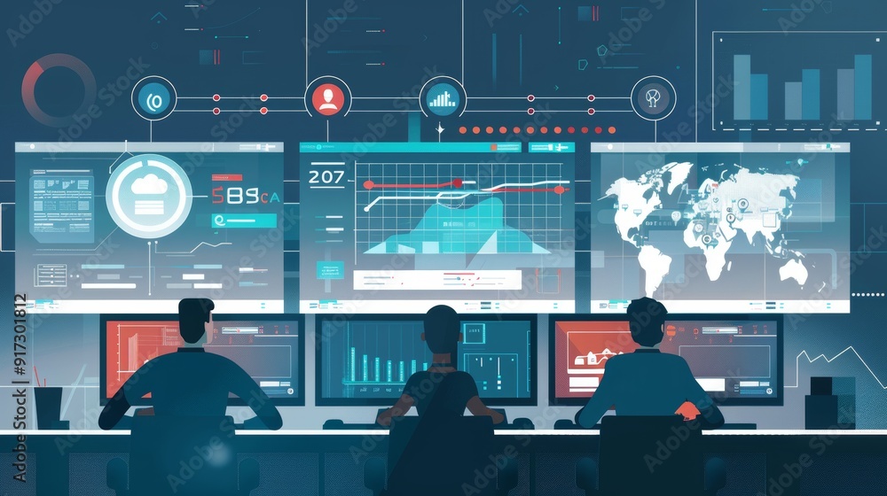 Poster corporate it team managing hybrid cloud setup with real-time data and advanced diagrams