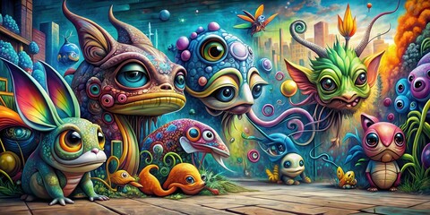 Fototapeta premium Surreal graffiti art depicting curious creatures in a structured composition , surreal, graffiti, art, exploring, curiosity