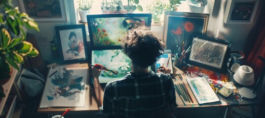 Obraz premium Young Artist Creating Digital Artwork in Home Studio Surrounded by Paintings and Creative Tools