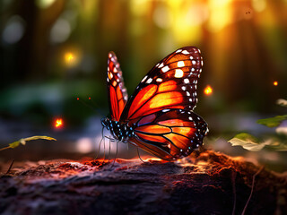 Obraz premium A vibrant butterfly perched on a log in a magical forest, surrounded by glowing lights.