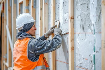 Construction Worker Applying Foam Board Insulation on New Residential Building Exterior