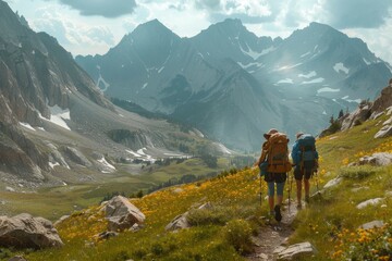 Obraz premium Adventurous Couple Backpacking on Mountain Trail with Stunning Views and Sense of Freedom