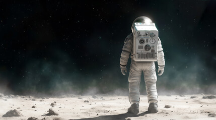 Astronaut standing on the moon's surface, gazing at the starry sky, back view, copy space