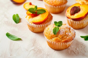 Tasty jam in the bowl, ripe peaches and fresh buns on wooden background close-up. Beautiful simple AI generated image in 4K, unique.