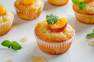 Tasty jam in the bowl, ripe peaches and fresh buns on wooden background close-up. Beautiful simple AI generated image in 4K, unique.