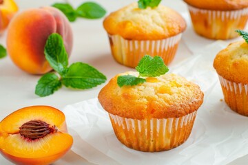 Tasty jam in the bowl, ripe peaches and fresh buns on wooden background close-up. Beautiful simple AI generated image in 4K, unique.