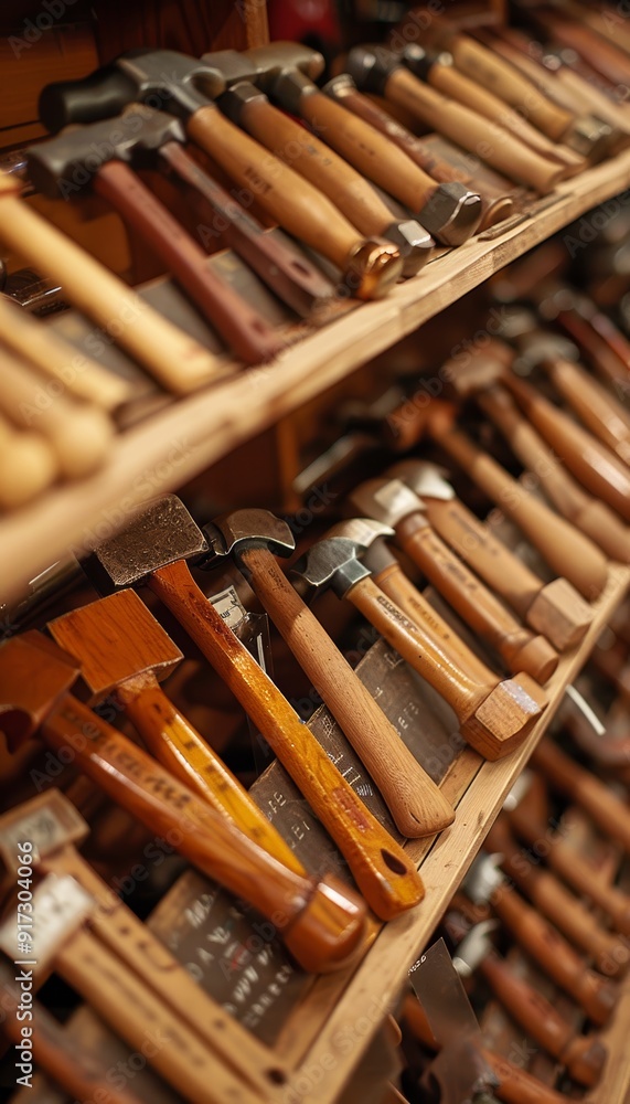 Poster variety of hammers displayed in a hardware store for easy selection and purchase