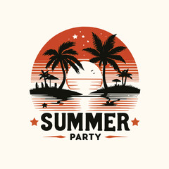 Summer Party sale banner with palm tree silhouette, Summer Holiday Tropical Sunset With Palm, vibes clip art T-shirt Design