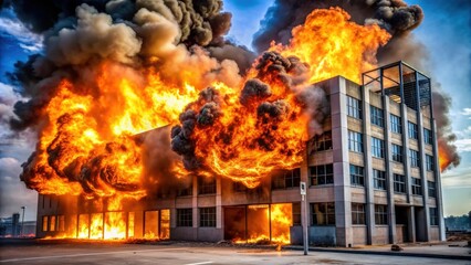 Intense fire and explosion in building isolated on background, fire, explosion, intense, building, isolated,danger