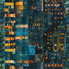 Night cityscape with glowing windows in skyscrapers.