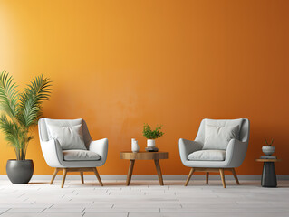 Excellent modern interior background mock up with orange wall