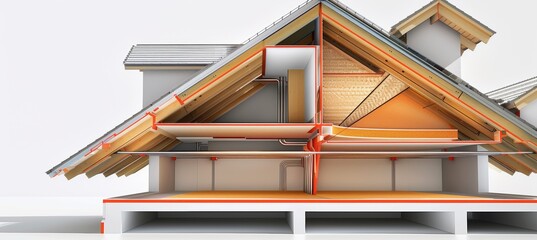 Fototapeta premium Cutaway View of Roof with Integrated Insulation: Spray Foam, Fiberglass Batts, Radiant Barriers for Energy Efficiency