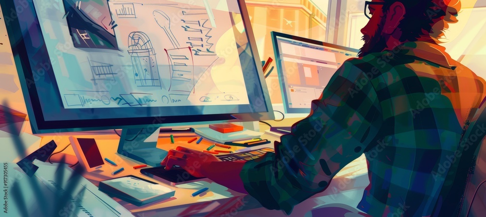 Aufkleber digital artist using cloud storage for creative project with sketches and tools in a modern workspac