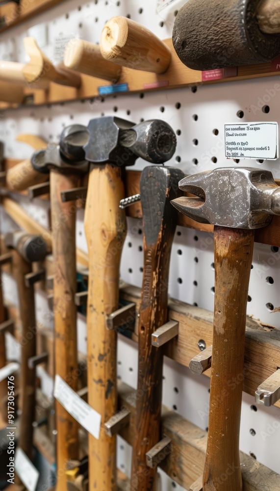 Poster specialized hammers display in a hardware store for various uses including ball peen and claw types