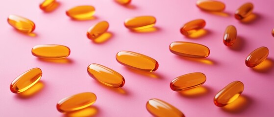 Close-up of Orange Gel Capsules on Pink Background