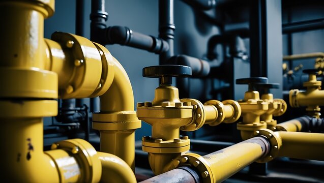 Background of a Factory with Yellow Piping. Detailed capture of an industrial pipeline system