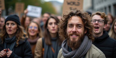 Fototapeta premium Smiling Man at Street Protest Holding Banner to express concern for World, Social Activism and People's Power