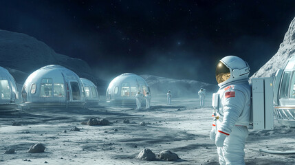 Obraz premium Astronauts outside lunar habitats on the moon's surface under a starry sky, Moon colonization themes