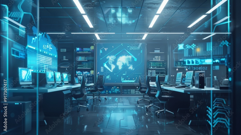 Poster futuristic office with ai-driven cloud storage and holographic data visualization