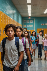 Obraz premium Two students walk through a busy school hallway, surrounded by peers with backpacks on the first day back to school.
