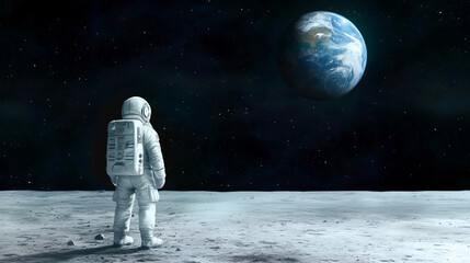 Fototapeta premium Astronaut standing on the moon's surface, gazing at Earth in the distance under a starry sky