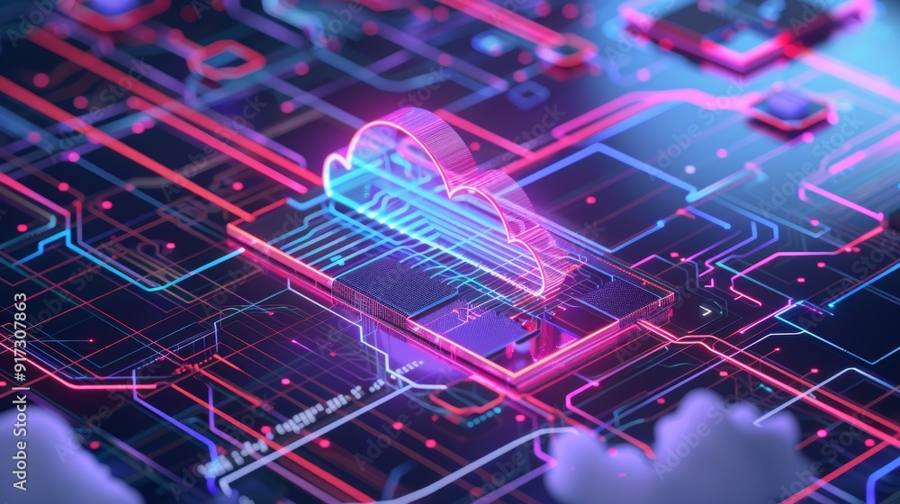 Poster futuristic cloud storage technology with ai-driven solutions in a sleek digital environment