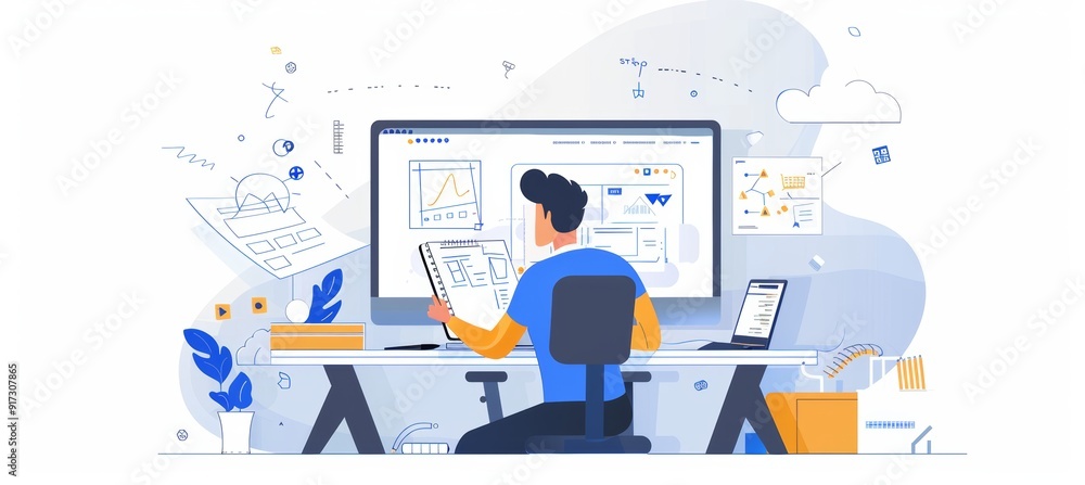 Poster graphic designer utilizing cloud storage for project with design tools and sketches in creative work