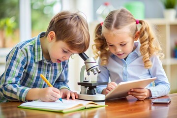 Two children are looking through a microscope and writing in a book
