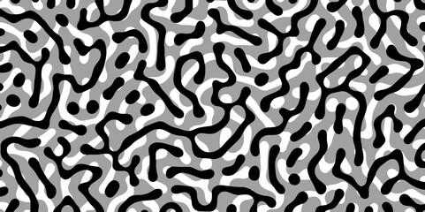 Abstract Turing organic wallpaper with background. Turing reaction diffusion monochrome seamless pattern with chaotic motion. Natural seamless line pattern. Linear design with biological shapes.