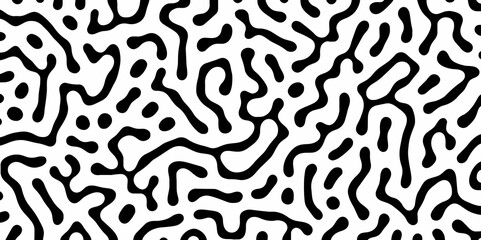 Abstract Turing organic wallpaper with background. Turing reaction diffusion monochrome seamless pattern with chaotic motion. Natural seamless line pattern. Linear design with biological shapes.