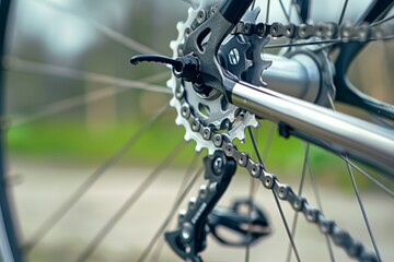 Fototapeta premium Rear hydraulic disc brake rotor on new blue clip-on bicycle wheel, close-up. Beautiful simple AI generated image in 4K, unique.