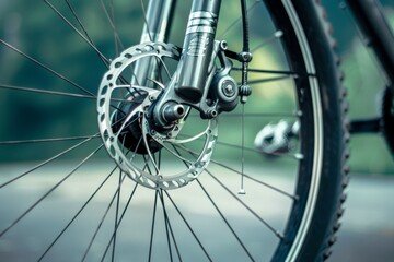 Obraz premium Ultra sharp close-up showcasing a road bike's brake system, highlighting grey metal brake disc. Beautiful simple AI generated image in 4K, unique.