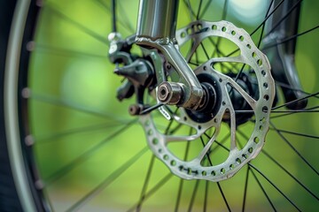 Fototapeta premium Close-up of grey metal brake disc and pads, integral part of road bike's braking system.. Beautiful simple AI generated image in 4K, unique.