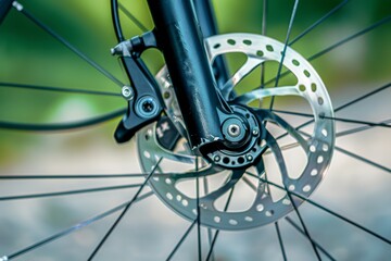Obraz premium Bicycle Brake Rotor with Hydraulic Highway Braking System close-up. Beautiful simple AI generated image in 4K, unique.