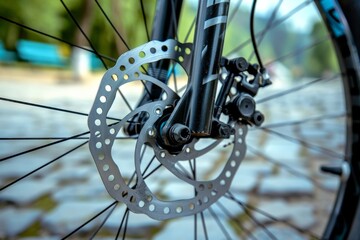 Obraz premium Ultra sharp close-up showcasing a road bike's brake system, highlighting grey metal brake disc. Beautiful simple AI generated image in 4K, unique.