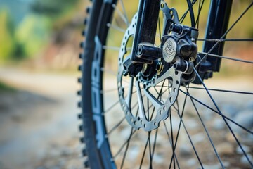 Fototapeta premium Close-up of grey metal brake disc and pads, integral part of road bike's braking system.. Beautiful simple AI generated image in 4K, unique.