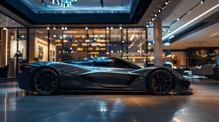 High Performance Electric Hypercar with Aerodynamic Design in Illuminated Showroom for Luxury Automotive Fans