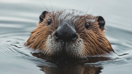 A close-up portrait of a beaver's face, with its whiskers and dark eyes, peering out of the water. The surface of the water is disturbed, creating ripples around the beaver's head.